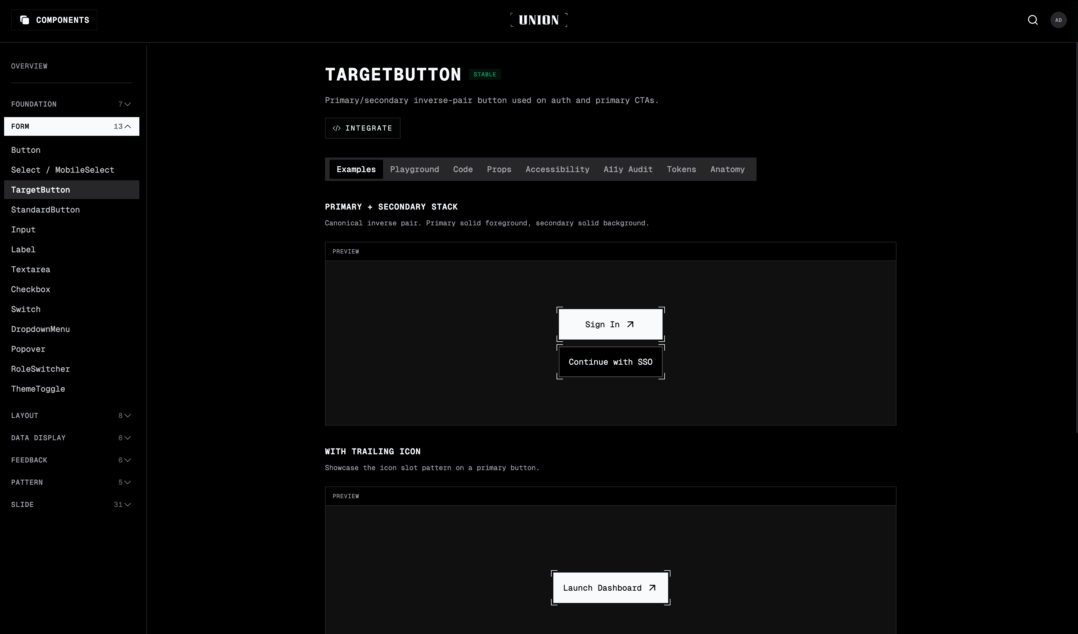 Forge TargetButton page with primary and secondary CTAs rendered live, an Integrate button surfacing copy-pasteable code, and tabs for Examples, Playground, Code, Props, Accessibility, A11y Audit, Tokens, and Anatomy